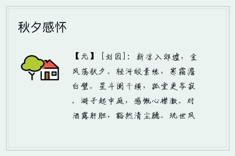 秋夕感怀,初秋的凉意吹进城郊的废墟,金风拂过,荡漾着深秋的夜晚。清澈的河水照耀着洁白的素练,寒冷的霜露浸润着洁白的玉璧。星斗横在栏杆上,孤零零的庭院格外空旷寂静。远游之人