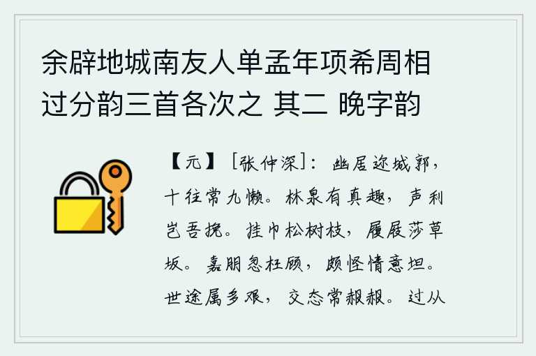 余辟地城南友人单孟年项希周相过分韵三首各次之 其二 晚字韵,隐居在靠近城郭的地方,十次去那里总有九次感到懒散。林泉清幽恬淡有真趣,声名利禄难道能挽救我?头巾挂在松树枝上,木屐走在莎草丛生的山坡。高雅的朋友忽然白白地回头看