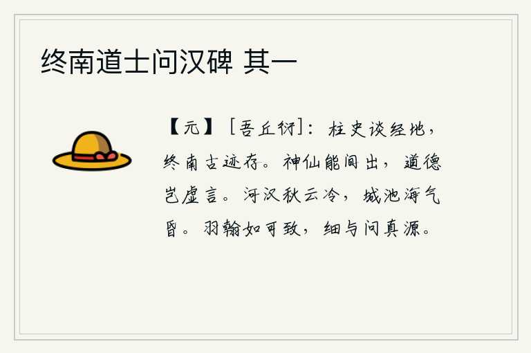 终南道士问汉碑 其一，柱史谈论到经地,终南山的古迹至今仍保存着。神仙能够不经意间出现,道德高尚的人难道是空话吗?秋云笼罩着银河,使人感到寒冷;城池上弥漫着海气,显得昏暗凄清。如果你能