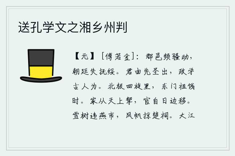 送孔学文之湘乡州判,各郡县接连发生骚乱,朝廷失去了安抚和安定百姓的办法。君主是由先代圣贤中选拔出来的,政事要学习古代圣贤的治国方法。在北极星光芒四射的圆月里,我来到东门外为祖先饯行