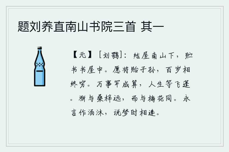 题刘养直南山书院三首 其一，我在南山下盖了一所房子,把书藏在房屋中,以便随时阅读。我真想把它留给子孙后代,让他们在世上百岁一直到死。世间万事很少有能够预先作出结论的,人的一生就如同飞舞的蓬