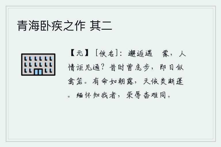 青海卧疾之作 其二，人生在世,不经意间却遇见了糊涂的人,这样的人怎么能说会道呢?往昔我曾经像老虎一样地走路,如今却如同鸟笼一样地被关在里面。人的命运好比早晨的露水,上天依赖它就像一