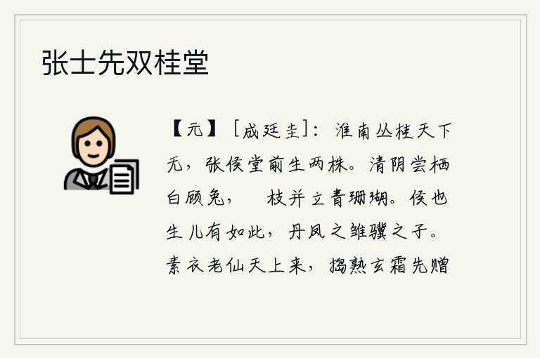 张士先双桂堂，淮南一带没有丛生的桂树,只有张侯的厅堂前才长出两株。清澈的树荫里曾经栖息过白色的顾兔,高大的树枝上并排耸立着青色的珊瑚。侯先生也生下这样的儿子,他就像是丹凤鸟的