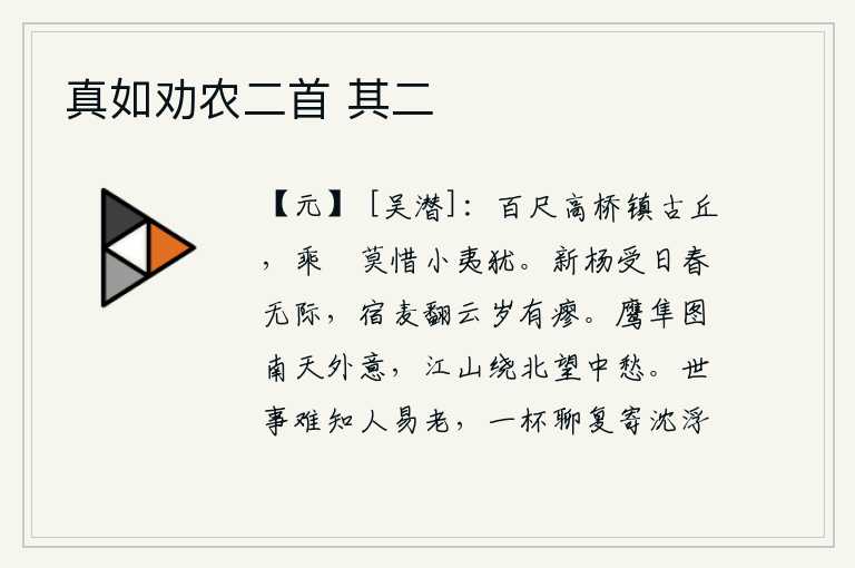 真如劝农二首 其二，高高的百尺桥镇守着古老的山丘,乘着闲暇不要顾惜那小小的夷犹。初生的杨树沐浴着阳光,春天的景象无边无际;早熟的麦子像翻腾的云一样,经过一年的努力就会有所好转。鹰隼