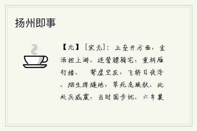 扬州即事,巍峨的玉垒山屹立在四面八方,坚固的钢铁和巨石控制着长江上游。在骠骑将军的宅第里连营扎寨,楼上重重叠叠的箭杆和大雁行进的楼梯。强劲的弓箭在空中虚空地发射,高架的浮