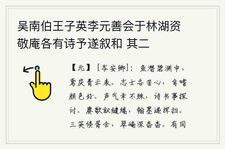 吴南伯王子英李元善会于林湖资敬庵各有诗予遂叙和 其二，鱼儿潜藏在碧绿的深潭中,老鹰飞向高高的青云之上。志士们各有辛苦之心,哪会贪图美艳的容貌?我俩的声调和气度幸好没有什么差别,只要对诗书之类的学问有所研究探讨,就可