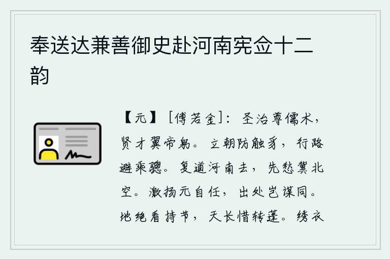 奉送达兼善御史赴河南宪佥十二韵，圣明的君主崇尚儒家学说,贤能的人才辅佐帝王自身。在朝廷上要提防碰到小老虎,在路上要躲避坐骑的马。又说要到黄河以南去,先是忧虑冀北地区空无一人了。奋发有为本来就是