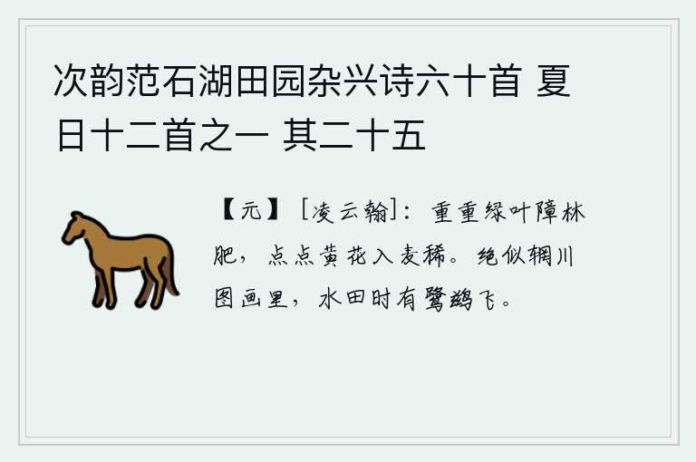 次韵范石湖田园杂兴诗六十首 夏日十二首之一 其二十五，重重叠叠的绿色树叶遮挡着茂密的树林,点点黄色的花朵落入麦苗中显得稀少。这景色真像当年的辋川图画里那样美丽,水田上不时有白鹭、鹚鸟在飞翔。