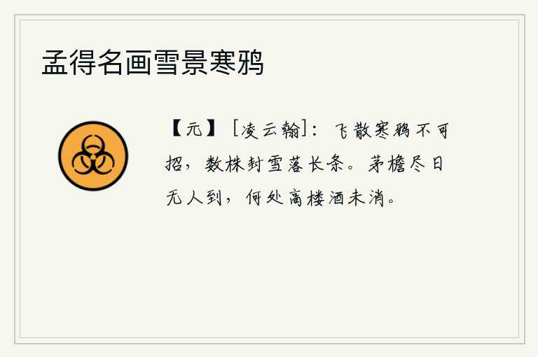 孟得名画雪景寒鸦，飞散的寒鸦无法招来,只见几株树上的雪花飘落在枝条上。茅草房檐下整天没有人来,哪里的高楼上酒意还未消融?
