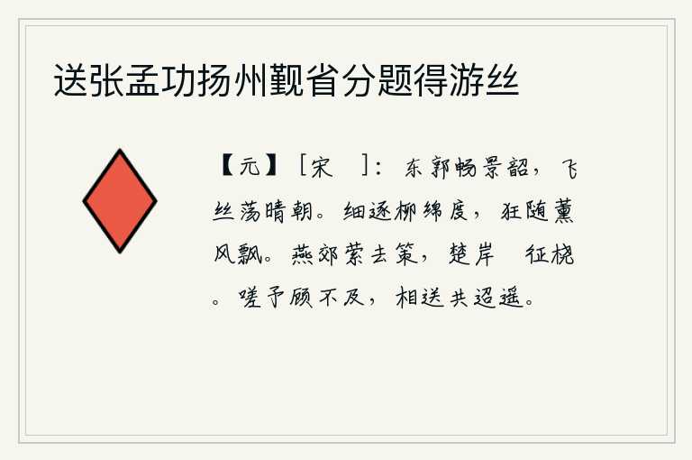 送张孟功扬州觐省分题得游丝，洛阳城的东门外,阳光明媚,歌声洪亮;晴朗的早晨,飞舞的丝竹在风中荡漾。柳树在风中轻轻地追逐着,绵绵不断地向远处延伸,狂放不羁地跟随着薰风飘荡而去。在燕郊徘徊,策