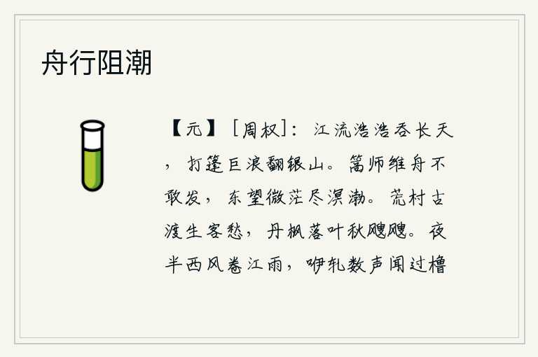 舟行阻潮,滔滔江水浩浩荡荡吞没了蓝天,掀起船篷的巨浪掀翻了银白色的山峰。船夫系好缆绳不敢轻举妄动,向东眺望茫茫一片,尽览沧海桑田。在荒凉的村庄和古老的渡口,我心中充满了客