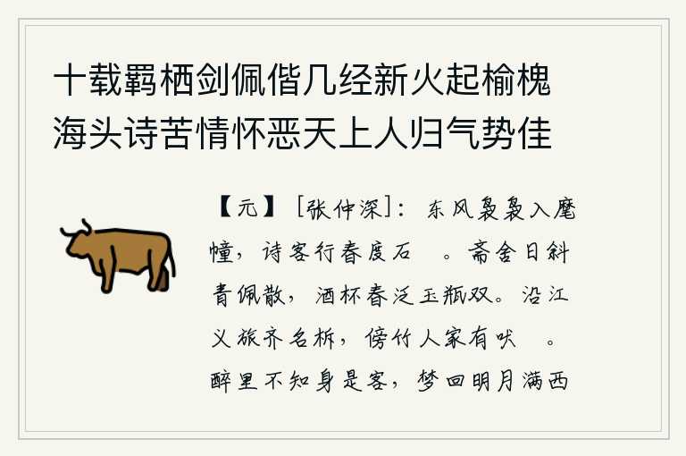 十载羁栖剑佩偕几经新火起榆槐海头诗苦情怀恶天上人归气势佳行李压肩珠玉重平芜眯眼甲兵排近闻河朔新成记（易之有河朔访古记黄政卿危太朴许可用三先生有序）快睹应知客满斋，袅袅的东风吹进军营的旗帜,吟诗的人在春天里穿过石矼。夕阳斜照着客舍,青翠的玉佩也渐渐消散,盛满美酒的杯子在春风中轻轻摇荡,两只玉瓶装满美酒。沿江的义士齐名叫柝,