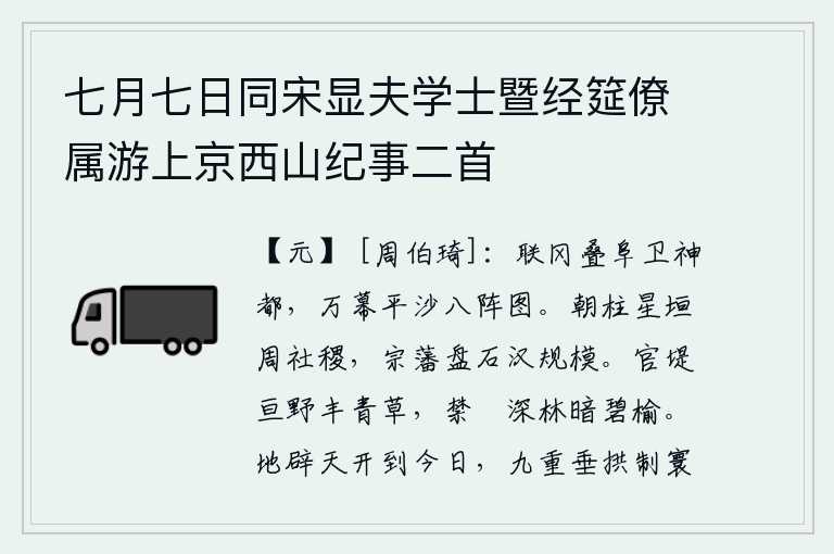 七月七日同宋显夫学士暨经筵僚属游上京西山纪事二首，连绵的山冈和重叠的土阜护卫着神都城,沙滩上布满了众多的帐幕就像八阵图一样。朝廷的柱石犹如星光闪烁的墙垣,周代的社稷得以保全;汉代的藩镇犹如磐石般坚固,规模宏伟。