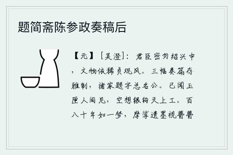 题简斋陈参政奏稿后，在绍兴年间,君臣们切记不要沉溺于文治武功之中,隋朝的文物还呈现出贞观时期的风气。三幅《奏篇》保留了雅正的体裁,各家题字都用孔公为名。已经听说玉匣在人间可以见到,