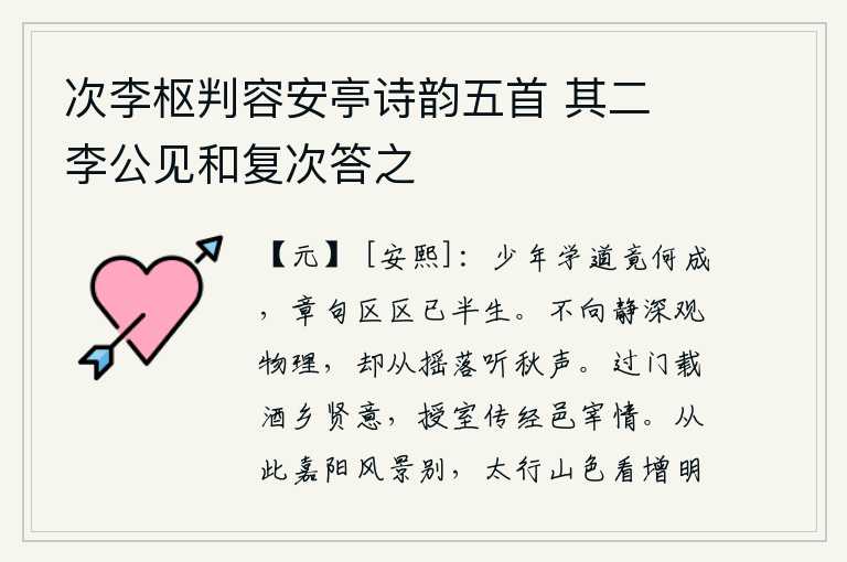 次李枢判容安亭诗韵五首 其二 李公见和复次答之，年轻时学习道家学问到底能有什么成就呢?只不过是读了区区几句章句而已。我不在静谧幽深的地方观察事物的运动变化,却在树叶摇落的时候聆听秋天的声响。路过我家门前,我带