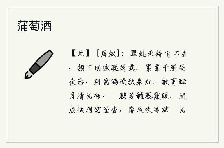 蒲萄酒,翠绿的虬龙矫健地飞来飞去,它的颔下像明珠一样晶莹剔透了寒露。成千上万的麦子日夜舂米,盛满了酒瓮的水浸泡着秋天的泉水,颜色红润。连续几个夜晚,月亮升起,皎洁的月光