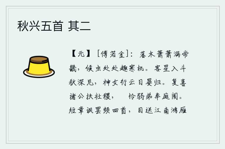 秋兴五首 其二，萧萧落下的树木布满京城,处处有虫子在寒冷的农机上寻找食物。客星侵入北斗七星,在深秋时分才显现出来;神女行走在云端,到太阳落山时才归来。又喜望各位大臣共同扶持国家