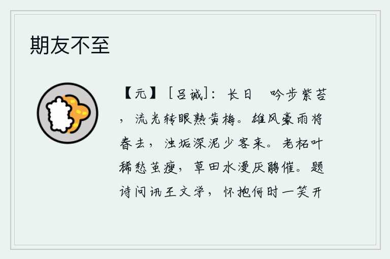 期友不至，整日悠闲地吟诗漫步在紫苔上,时光流逝转眼间已熟透了黄梅。狂风暴雨把美好的春光吹走了,污浊肮脏的泥泞中很少有客人到来。衰老的柘树叶子稀疏,让人忧愁蚕茧枯瘦;田野里
