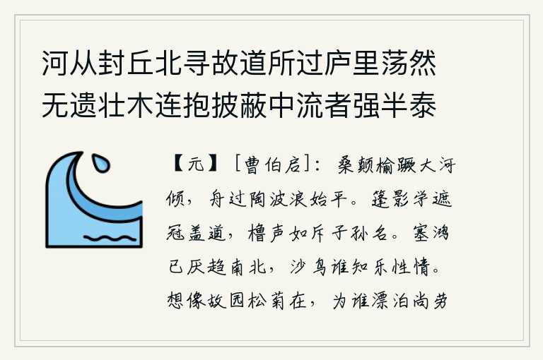 河从封丘北寻故道所过庐里荡然无遗壮木连抱披蔽中流者强半泰定乙丑秋予自开封归砀山买舟神马渡载书倒前领石而东湍瀑冲激神魄骇动有不可形于言者因念年老亲违历此艰险幸出坦途思警诸子遂述所怀寄众友