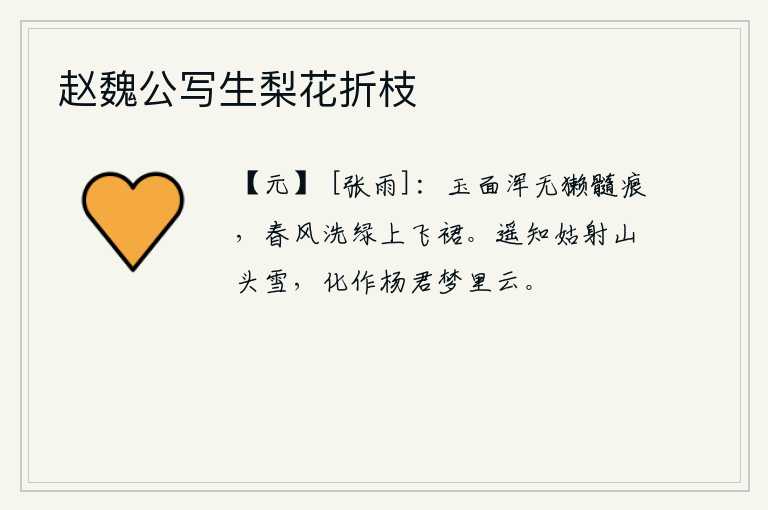 赵魏公写生梨花折枝，美丽的脸庞上完全没有獭兔骨头的痕迹,春风吹拂着绿色的裙子,轻轻地舞动着。遥想姑射山头的大雪,化作杨君梦里所见到的白云。