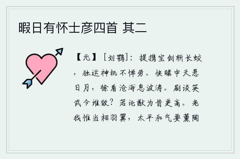 暇日有怀士彦四首 其二，手携宝剑,奋勇杀敌,独运神机,毫不畏惧辛劳。我心情舒畅地看着天空中悬挂着的日月,慢慢地看那沧海中的波涛平静下来。人们谈论英雄豪杰,如今有谁能与之匹敌呢?如果我的