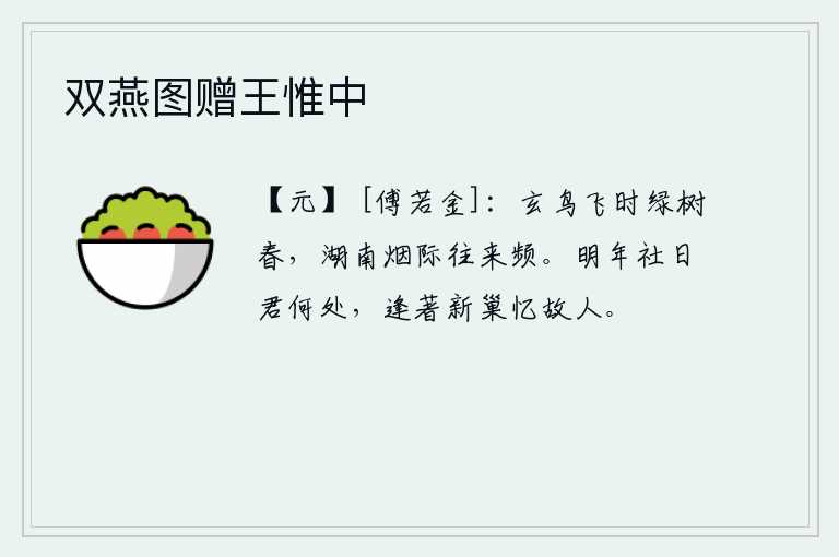 双燕图赠王惟中，玄鸟在春风中自由自在地飞翔,它在湖南的烟雾缭绕之处时而来时停。明年的社日你将在何处呢?如果碰到新筑的巢穴,就会怀念远方的老朋友。