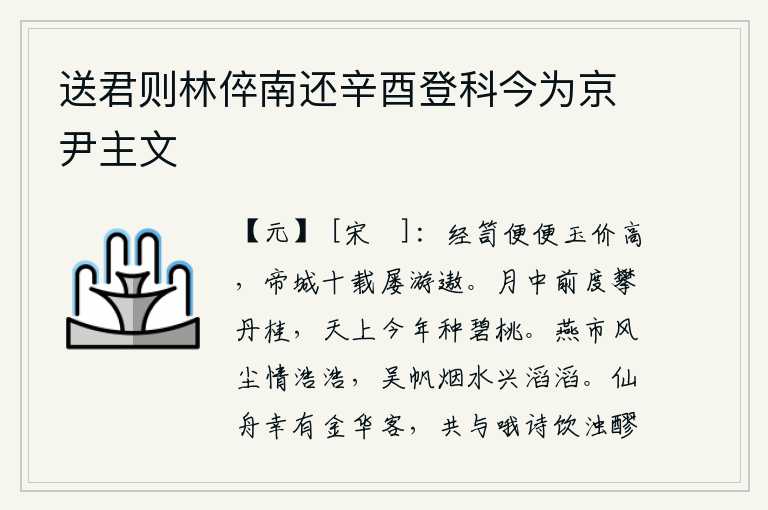 送君则林倅南还辛酉登科今为京尹主文，书箱里装的东西随便就行,玉石的价值很高,在京都洛阳十多年屡次游玩。月亮中我前些日子曾去攀折丹桂,天上今年又种上了碧桃。在燕京的集市上,风尘仆仆,我的心潮浩荡不息