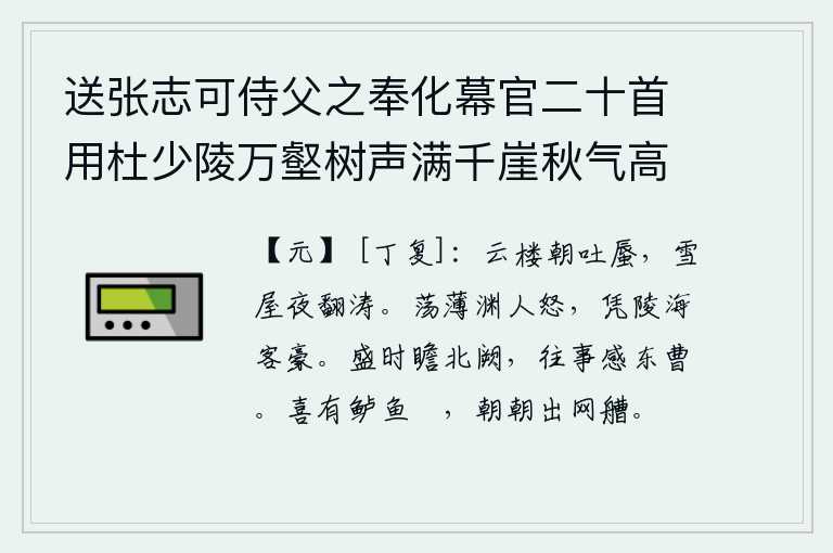 送张志可侍父之奉化幕官二十首用杜少陵万壑树声满千崖秋气高浮舟出郡郭别酒寄江涛为韵 其二十