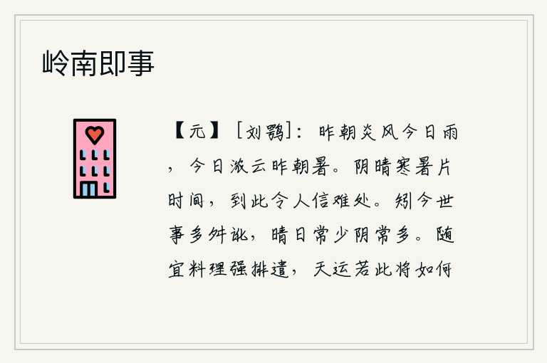 岭南即事，昨晚狂风暴雨今天下起了雨,今天浓云密布昨天的酷暑也已消退。阴晴寒暑只不过是片刻的工夫,到了这个地步让人难以置信于世事。更何况现在世上的事很多错讹,天气常常是晴朗