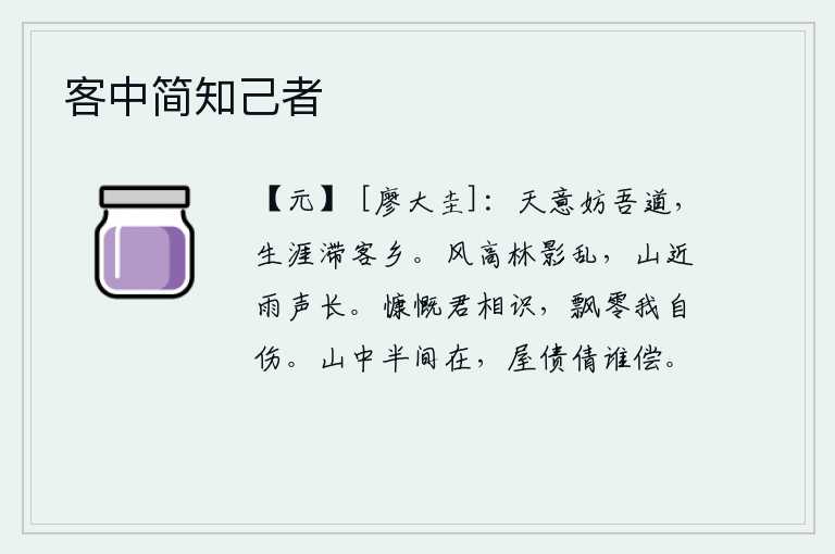 客中简知己者，老天爷的旨意阻止了我的行为,使我的生活在异乡滞留不前。风很大,树林的影子很乱,山离得近,雨声也非常长。你慷慨激昂有相识,我飘零无依只有自伤自怜。半间房子还在山中