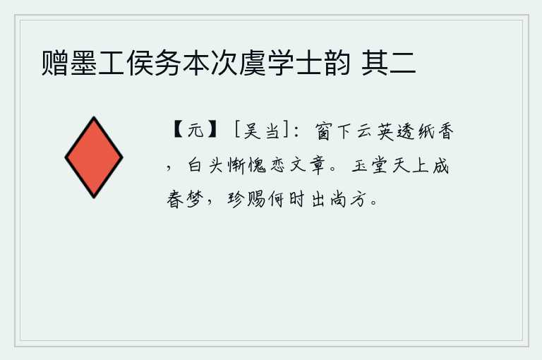 赠墨工侯务本次虞学士韵 其二，窗下的云彩透过纸张散发出阵阵清香,我满头白发仍依恋着美丽的文章。在天上的玉堂里我已经做了一场春梦,皇上赏赐的珍宝什么时候才能从宫中出来呢?