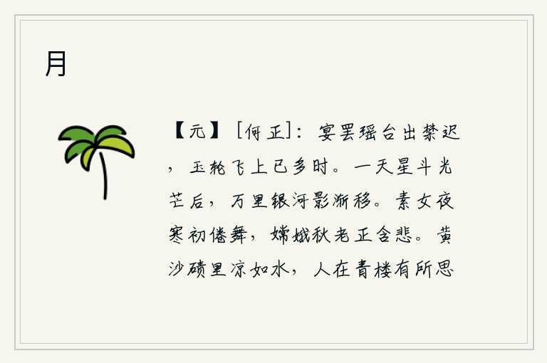 月，宴会结束后,她在瑶池游玩,离开宫禁很晚才出来。玉轮已经飞上天去很久了,不知不觉已到了天边。在星斗放射出的耀眼光芒照射下,万里长空的银河也渐渐移动。素女在寒冷的夜