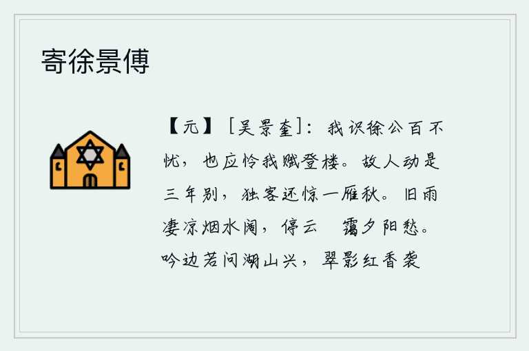 寄徐景傅,我认识徐公能百无聊赖,也应该同情我赋的《登楼赋》。与故人离别已经有三年了,我这个独居的异乡人又被一只孤雁在秋风中惊飞。旧雨凄凉,烟水茫茫,水面宽阔;停留的云层笼