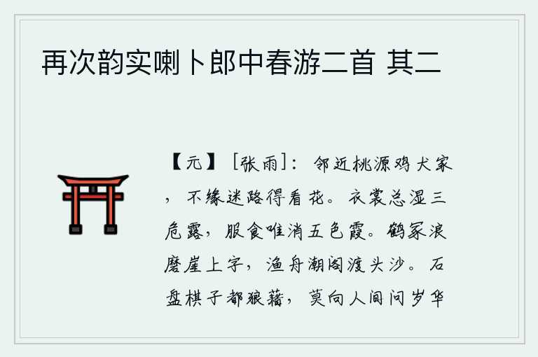 再次韵实喇卜郎中春游二首 其二,邻近桃花源有鸡犬居住的人家,不因为迷路而得以去观赏鲜花。衣服都沾满了三危的露水,吃的食物也只是消融了五彩的霞光。仙鹤的坟墓在波涛中磨出了字迹,渔人的船只在潮水拍