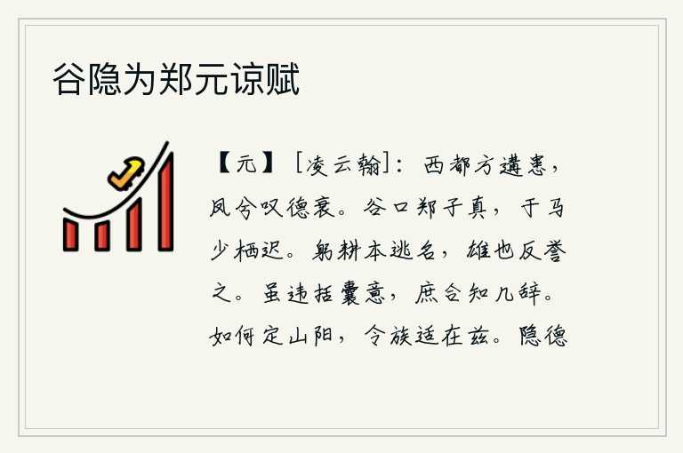 谷隐为郑元谅赋,西都洛阳正遭受祸患,凤凰啊可叹德行衰微。谷口有个叫郑子真的人,在马背上稍微停一停就感到很迟钝。亲自耕种是为了逃避名誉,而李雄却反而称赞他。我虽然违背了《括囊》一
