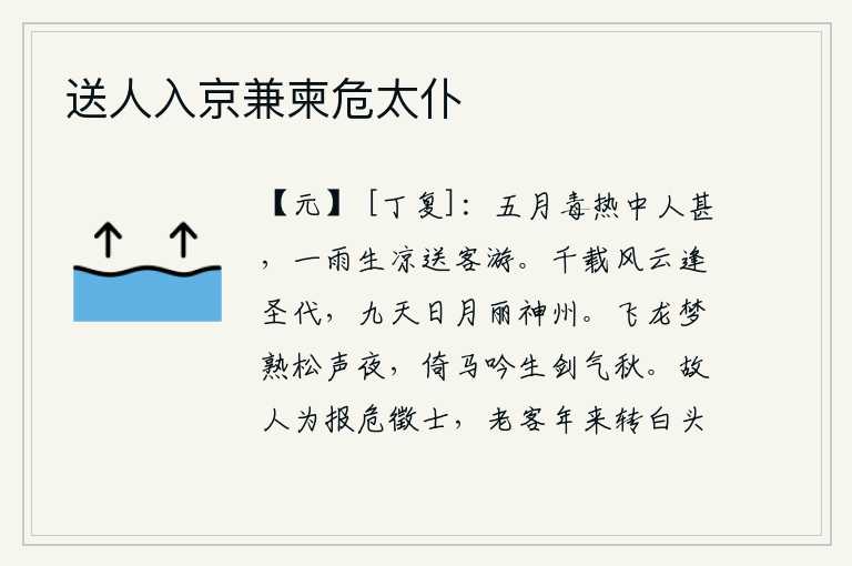 送人入京兼柬危太仆，五月的酷热使人感到特别厉害,一场春雨给人增添了凉意,送走了我这羁旅在外的友人。千百年来风云变幻莫测恰逢我们圣明的时代,九天中的日月光辉照耀着我们的神州大地。夜幕