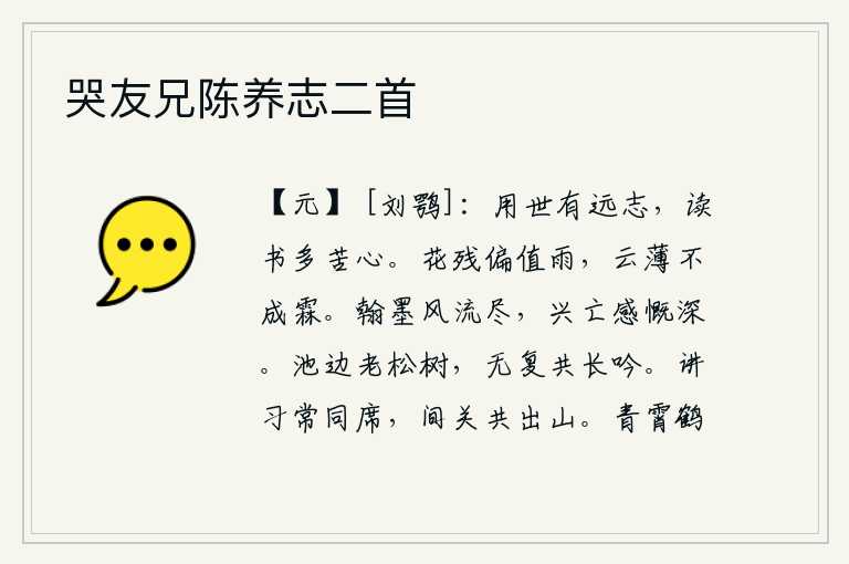 哭友兄陈养志二首，处世有远大的志向,读书多能使人苦心。花儿快要凋谢了,偏偏正赶上阴雨连绵;天空中云气稀薄,却没有形成细雨。文人墨客的笔墨风流已尽,面对历史兴亡令人感慨万千。池边的