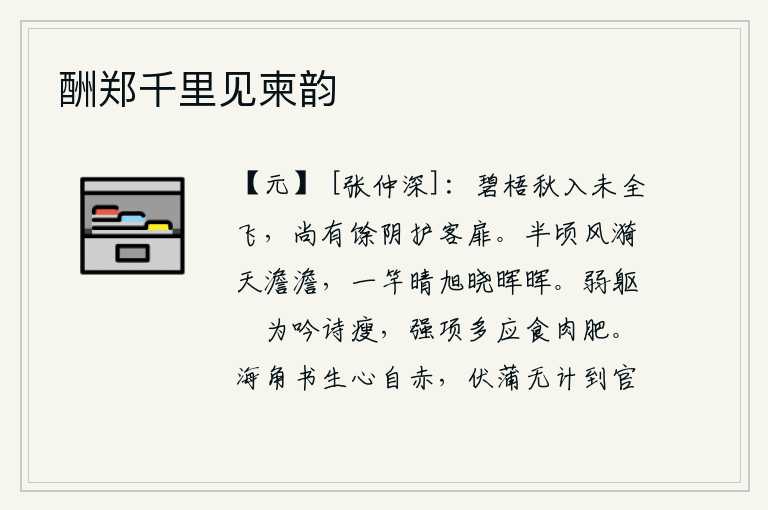 酬郑千里见柬韵，碧绿的梧桐树到了秋天还没有完全凋谢,还留有余荫保护着我的门扉。半顷风平浪静,天空清澈见底;旭日初升,阳光照耀着山坡。瘦弱的身躯多半是因为吟诗而消瘦,强壮的脖子多