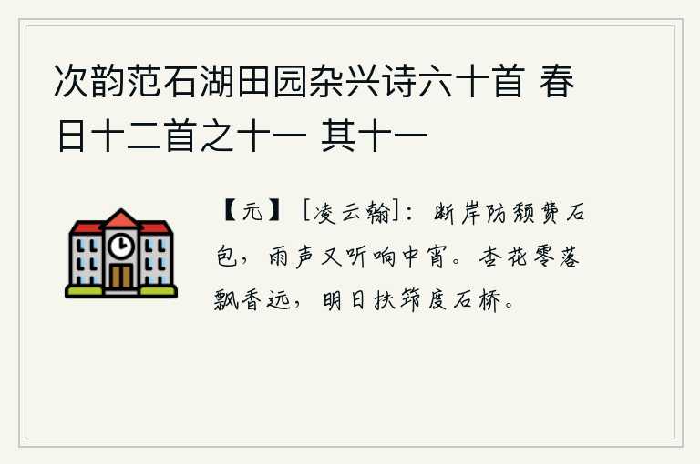 次韵范石湖田园杂兴诗六十首 春日十二首之十一 其十一，撑断了河岸的堤防,耗费了许多石头护城河。半夜里,雨声又传到耳边。杏花已经凋零,但它的香气却散发得很远。明天我将拄着拐杖跨过石桥。