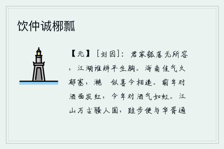 饮仲诚㭨瓢,你家像葫芦一般空虚,容纳不下什么东西,江湖上又有谁能分辨出你平生的胸怀呢?海南岛的美好风光已经很久没有了,今天在滟滪湖上与你相遇真是太高兴了。前年喝酒脸红了,今
