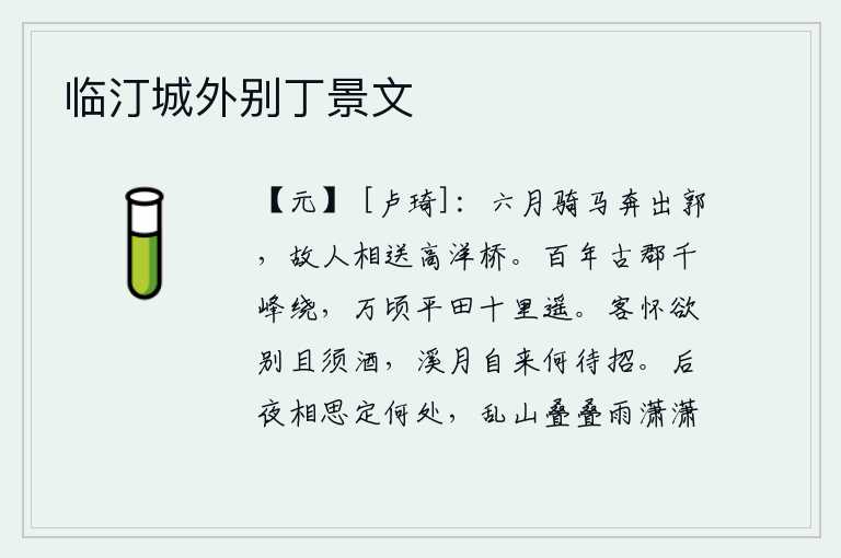 临汀城外别丁景文，六月的傍晚我骑着马奔出城外,老朋友们在高洋桥边送我走。一座百年的古城,周围是群峰环绕;一望无际的平坦田野,方圆只有十里。我心怀离别之情,暂且饮酒作别,溪边明月自