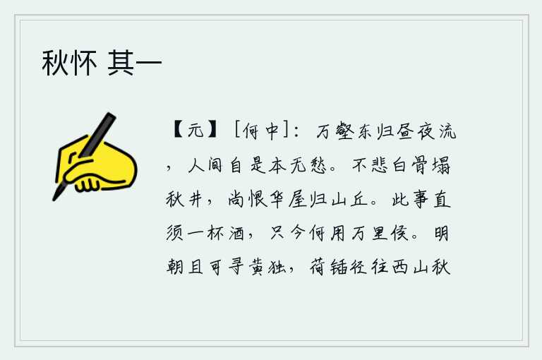 秋怀 其一,万壑之水日夜向东流去,人世间本来就没有忧愁。不悲叹白骨落入秋井,还遗憾华丽的房屋落入深山老丘。这件事需要喝一杯美酒才能办到,现在还用得着做万里侯呢?明天早上我暂