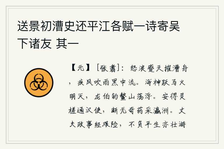 送景初漕史还平江各赋一诗寄吴下诸友 其一，怒涛拍打着天空,摧毁了运粮的船只;狂风呼啸,急雨淋漓,把江中的水色给染黑了。海神跃马升天,火光一照就熄灭了;龙伯在鳌山上垂钓,水面荡漾着波涛。怎么能够用木筏打通