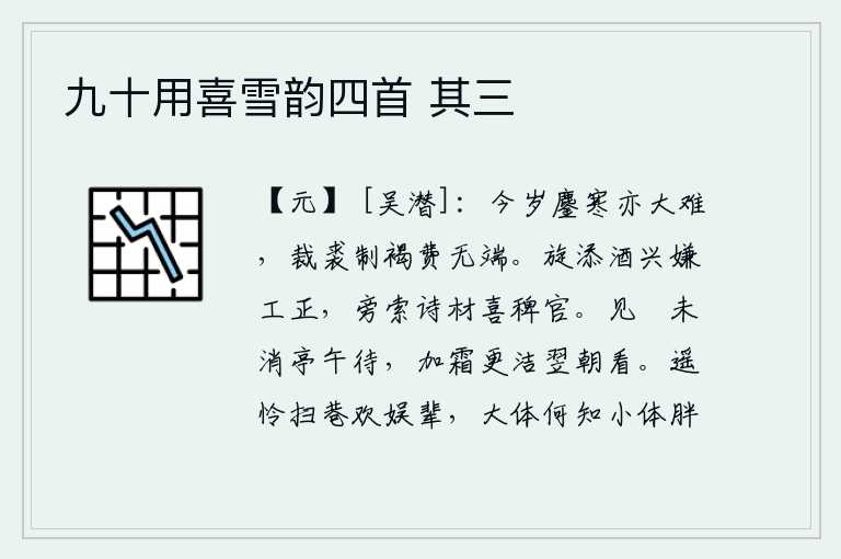 九十用喜雪韵四首 其三,今年严寒季节也是十分艰难,缝制皮衣和粗布短衣花费了无边无际。随即添加酒兴却嫌弃工正,在旁边索要诗材却喜欢读稗官。中午时分太阳还未落山,我正好等候在亭子里晒太阳。