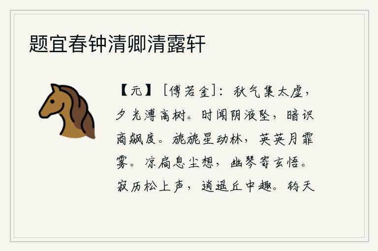 题宜春钟清卿清露轩,秋天的寒气聚集在天空中,夕阳的余晖洒遍了高高的树木。不时听到阴气从天而降,我暗中却能分辨出日月星辰的运行度数。晶莹剔透的星星在树林里闪动,皎洁的月光洒满迷蒙的雾