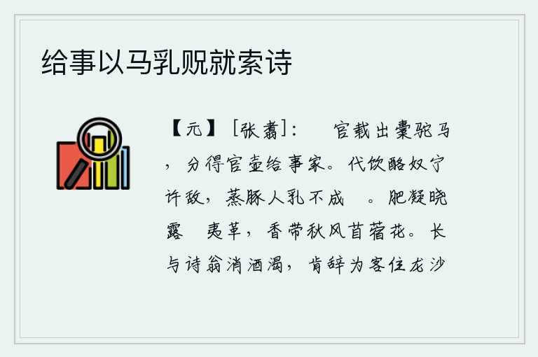 给事以马乳贶就索诗，挏官把骆驼和马匹运出来,分得的官壶就送给办事人家。替我喝奶的奴仆怎能与我抗衡?蒸熟的猪肉被人喂饱了也不能成为我的骄傲。清晨的露水凝结在犀牛皮上,秋风中苜蓿花散发