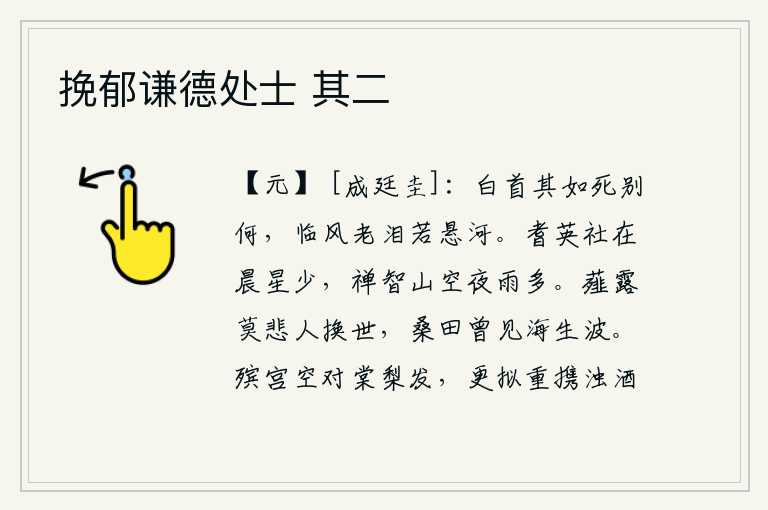 挽郁谦德处士 其二，我已经白发苍苍,与死无分别又能怎么办呢?面对着寒风,老泪纵横,好似要悬挂在河面上一样。古老的耆英社还在晨星稀疏的地方,寂静的禅智山在夜雨纷飞之中。不要为人世间变