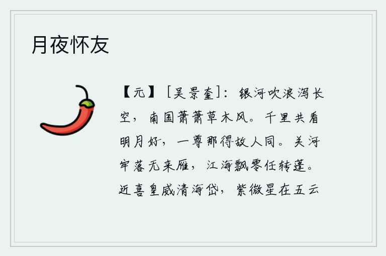 月夜怀友，银河吹起波浪直泻到天空,南方的草木在萧瑟的秋风中凋零。我们远在千里之外,却能共同欣赏那皎洁的明月多么美好,哪能和老朋友一起举杯畅饮呢?函谷关和黄河阻隔,连大雁也