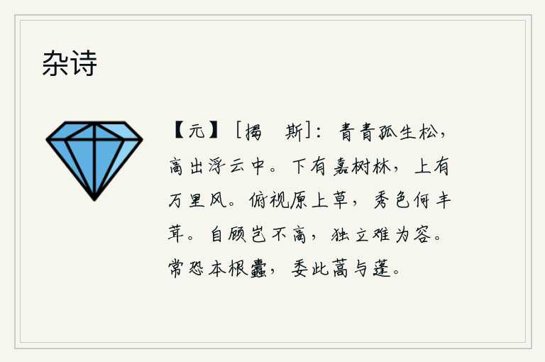 杂诗,青翠挺拔的松树枝叶孤零零地长在空中,它那高耸入云的姿态仿佛从浮云中升起。山脚下有茂密的树林,山上吹来阵阵万里风。低下头来俯视原野上的野草,那秀丽的颜色多么丰满茂